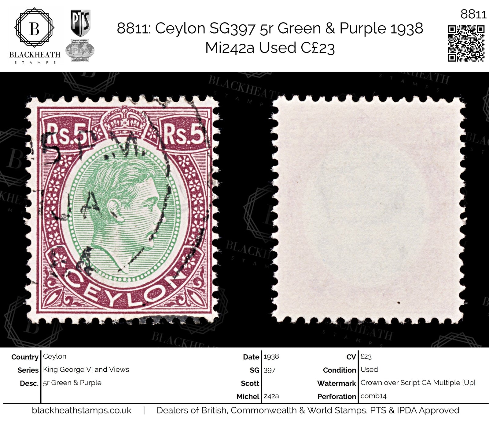 8811: Ceylon SG397 5r Green & Purple 1938 Mi242a Used C£23