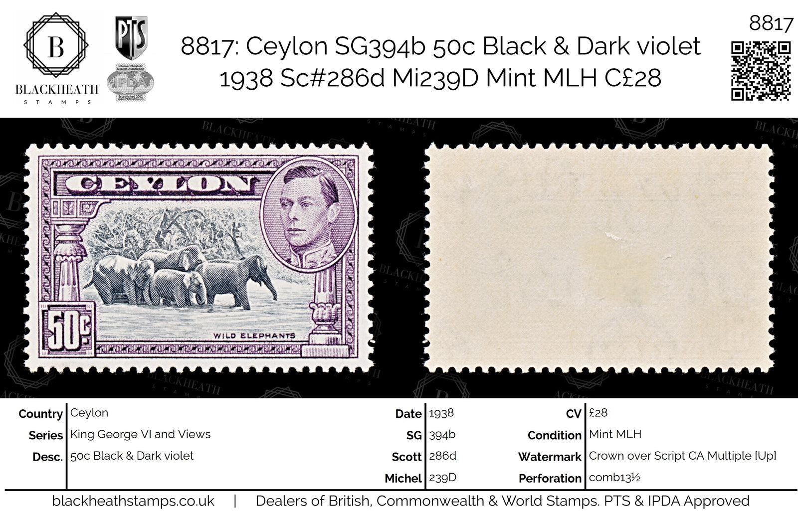 8817: Ceylon SG394b 50c Black & Dark violet 1938 Sc#286d Mi239D Mint MLH C£28