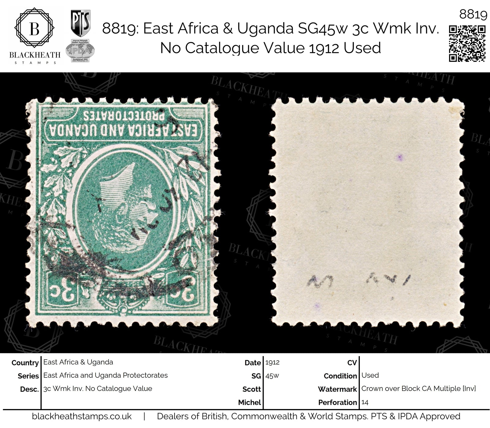 8819: East Africa & Uganda SG45w 3c Wmk Inv. No Catalogue Value 1912 Used