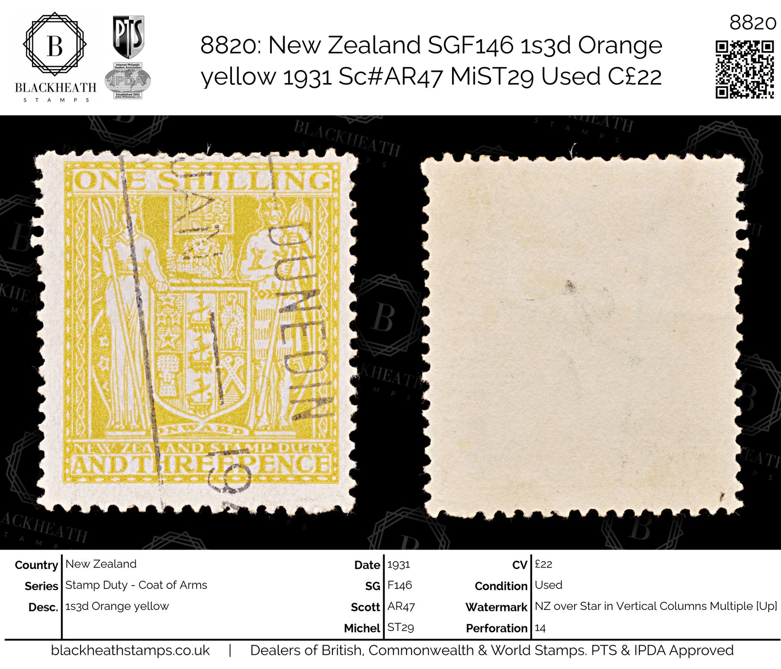 8820: New Zealand SGF146 1s3d Orange yellow 1931 Sc#AR47 MiST29 Used C£22