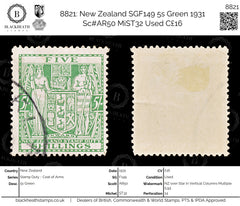 8821: New Zealand SGF149 5s Green 1931 Sc#AR50 MiST32 Used C£16, view 1