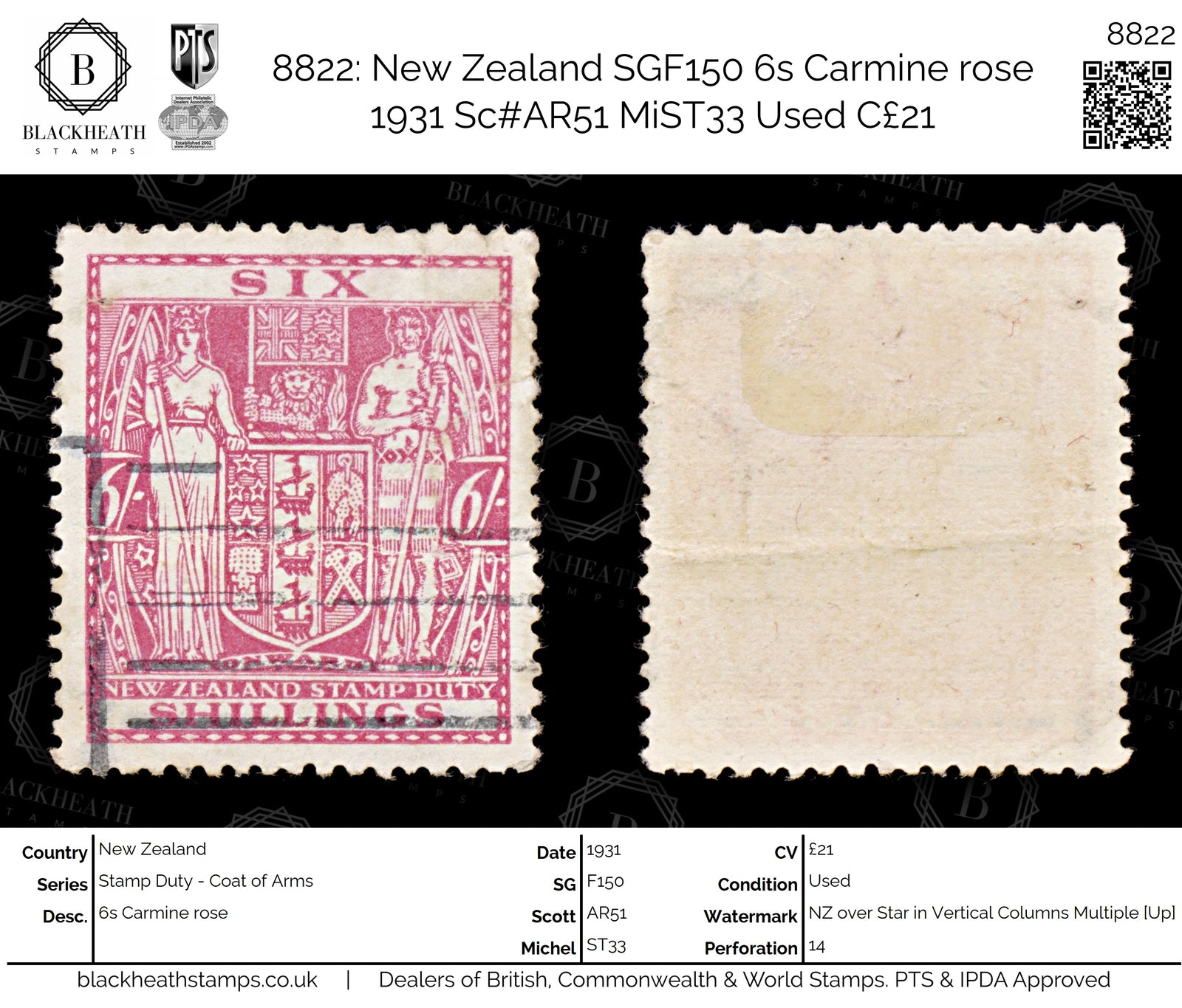8822: New Zealand SGF150 6s Carmine rose 1931 Sc#AR51 MiST33 Used C£21