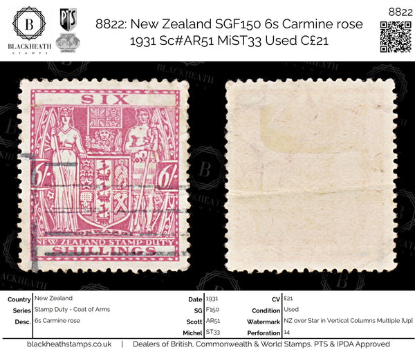8822: New Zealand SGF150 6s Carmine rose 1931 Sc#AR51 MiST33 Used C£21