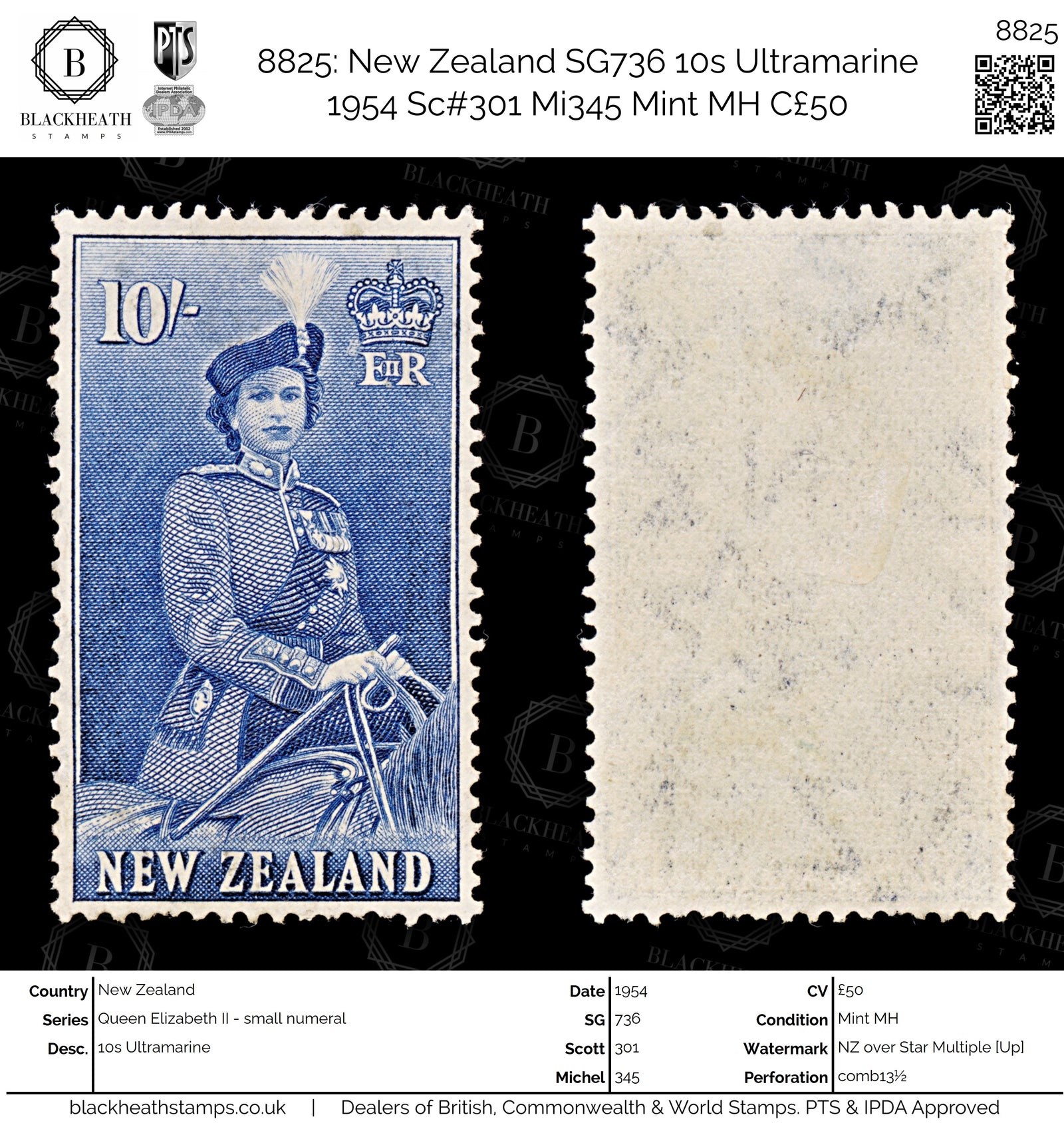 8825: New Zealand SG736 10s Ultramarine 1954 Sc#301 Mi345 Mint MH C£50