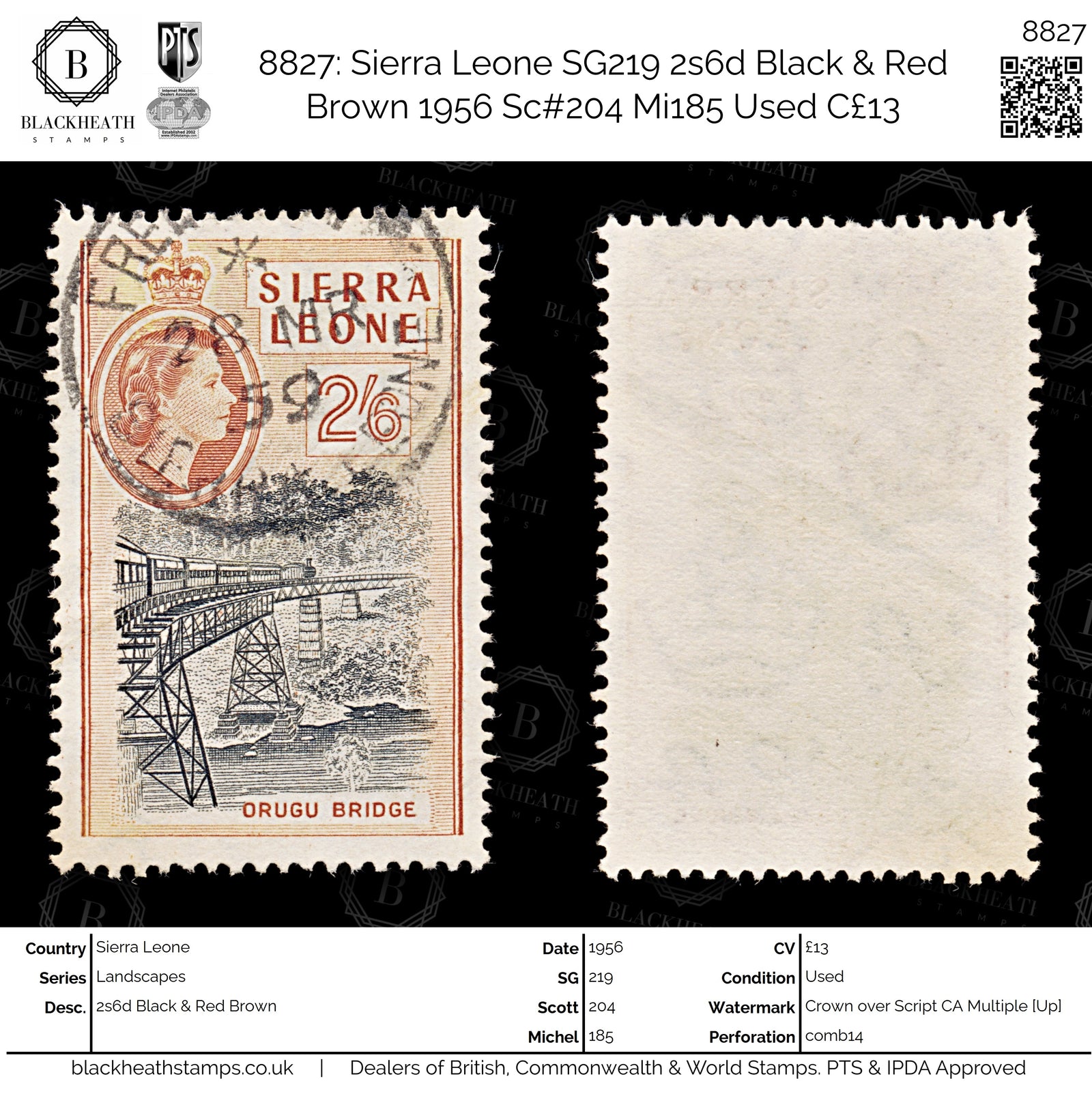 8827: Sierra Leone SG219 2s6d Black & Red Brown 1956 Sc#204 Mi185 Used C£13