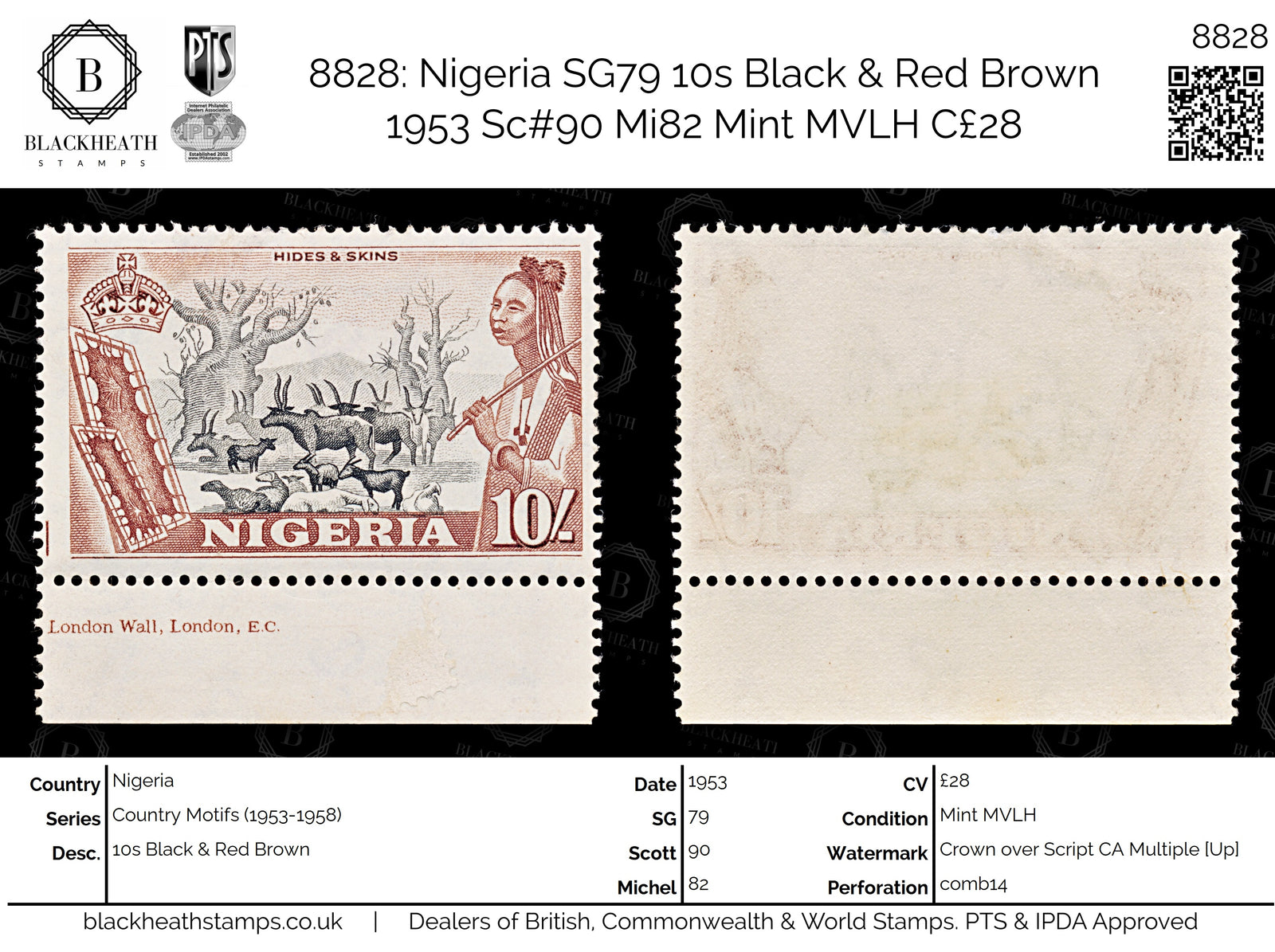 8828: Nigeria SG79 10s Black & Red Brown 1953 Sc#90 Mi82 Mint MVLH C£28