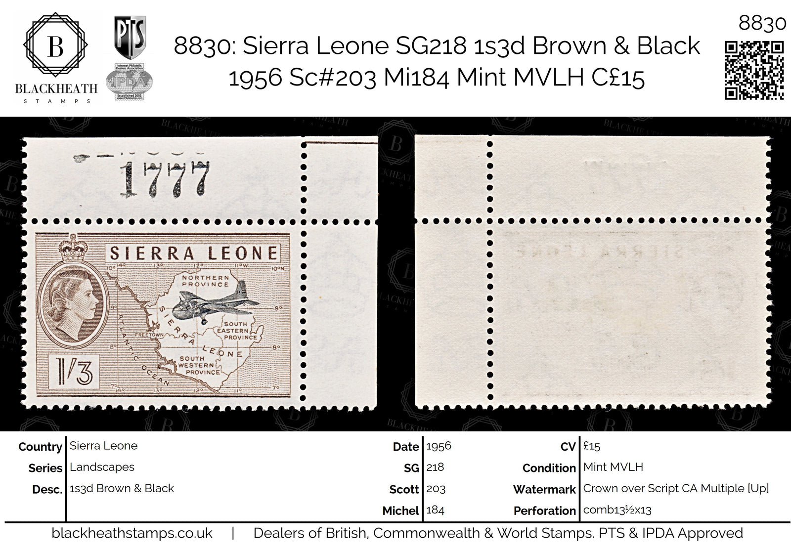 8830: Sierra Leone SG218 1s3d Brown & Black 1956 Sc#203 Mi184 Mint MVLH C£15
