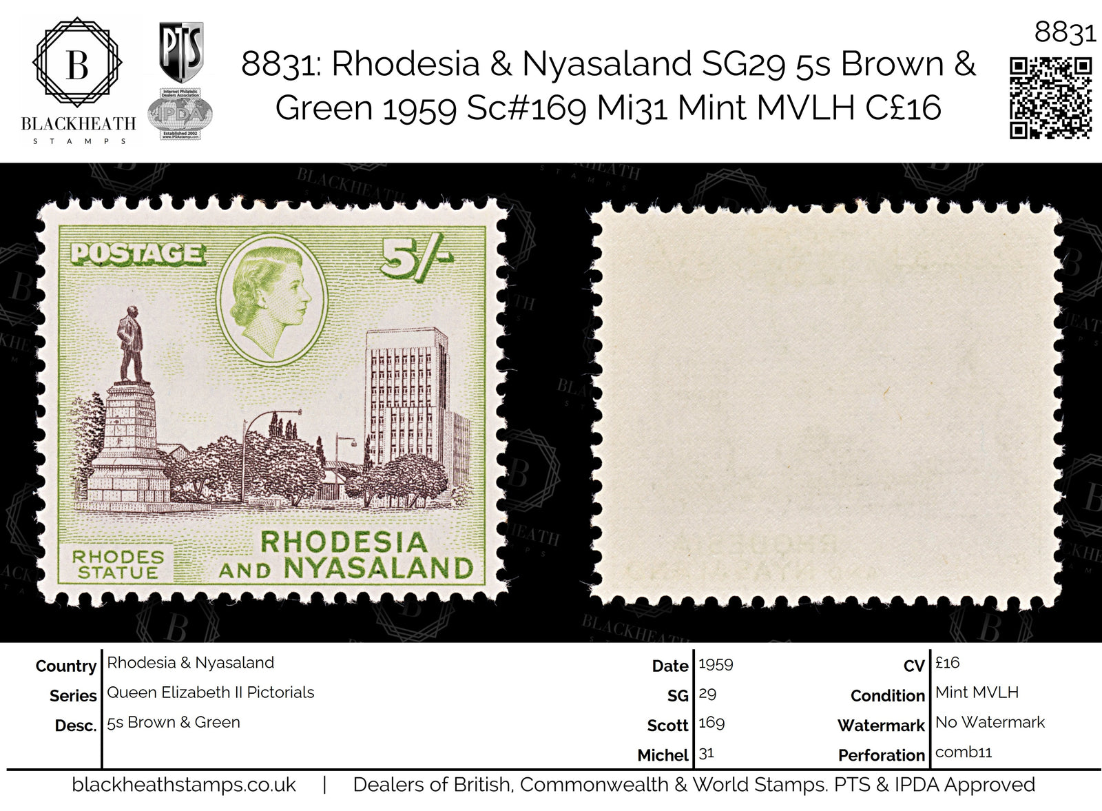 8831: Rhodesia & Nyasaland SG29 5s Brown & Green 1959 Sc#169 Mi31 Mint MVLH C£16