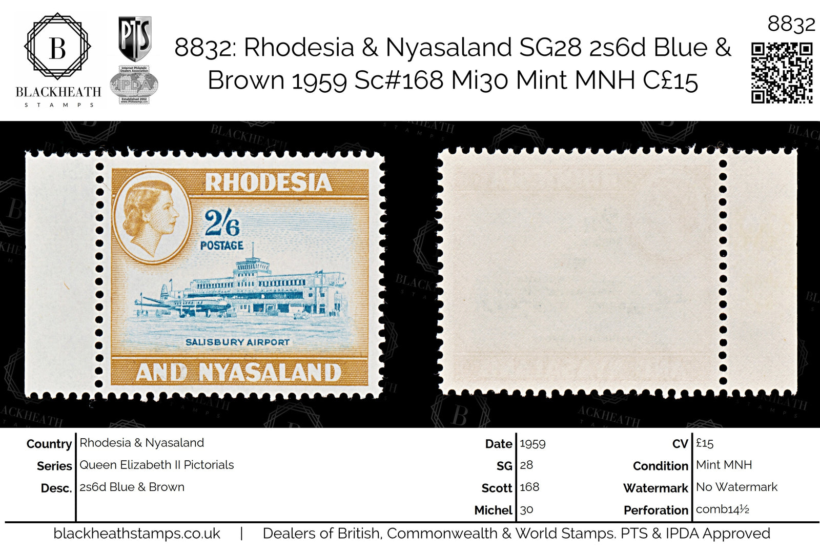 8832: Rhodesia & Nyasaland SG28 2s6d Blue & Brown 1959 Sc#168 Mi30 Mint MNH C£15