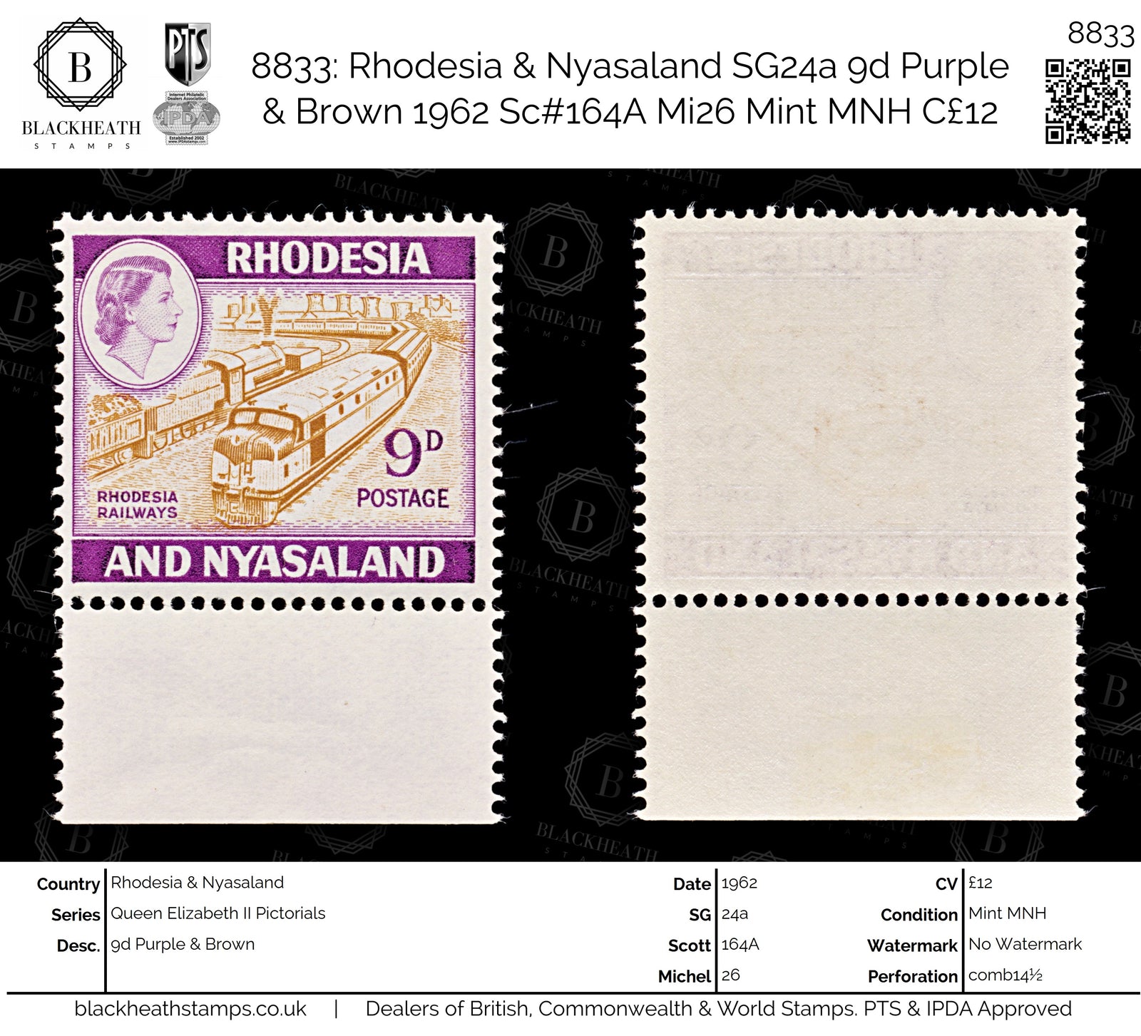 8833: Rhodesia & Nyasaland SG24a 9d Purple & Brown 1962 Sc#164A Mi26 Mint MNH C£12
