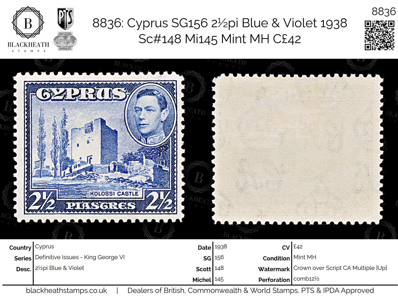 8836: Cyprus SG156 2½pi Blue & Violet 1938 Sc#148 Mi145 Mint MH C£42