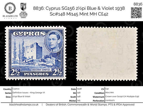 8836: Cyprus SG156 2½pi Blue & Violet 1938 Sc#148 Mi145 Mint MH C£42