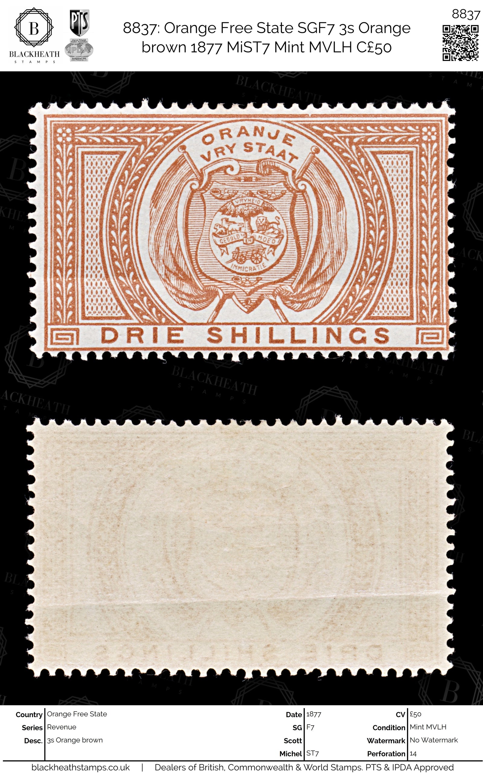 8837: Orange Free State SGF7 3s Orange brown 1877 MiST7 Mint MVLH C£50