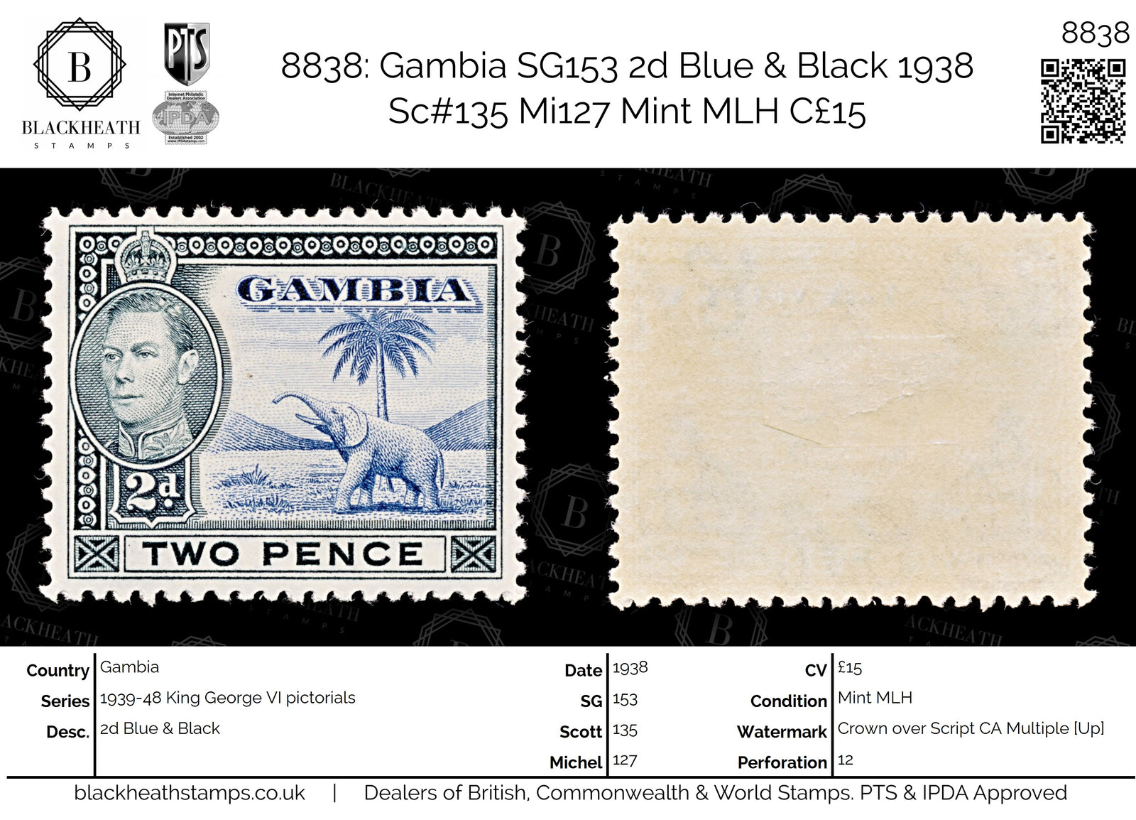 8838: Gambia SG153 2d Blue & Black 1938 Sc#135 Mi127 Mint MLH C£15