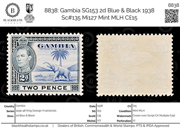 8838: Gambia SG153 2d Blue & Black 1938 Sc#135 Mi127 Mint MLH C£15
