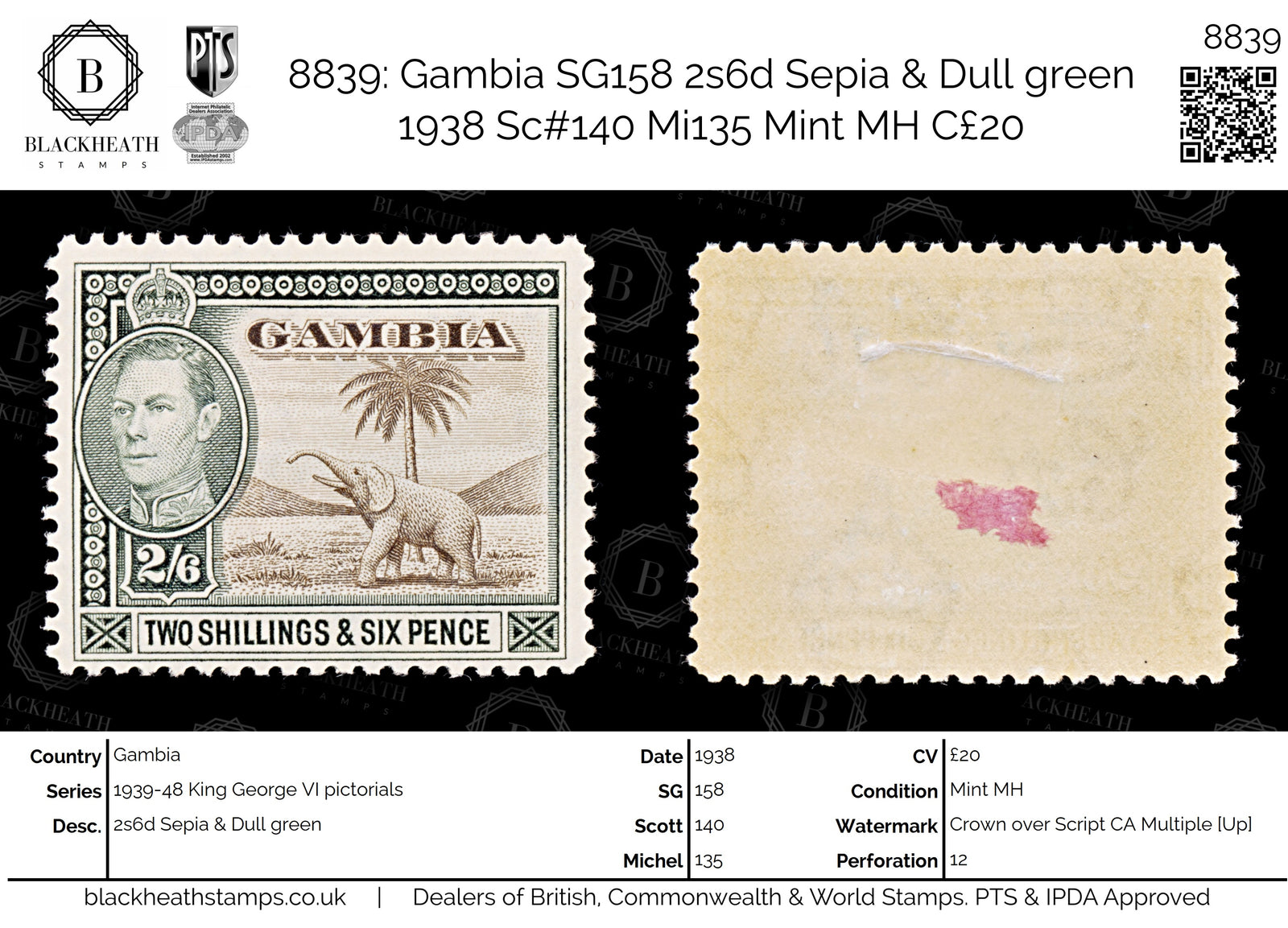 8839: Gambia SG158 2s6d Sepia & Dull green 1938 Sc#140 Mi135 Mint MH C£20