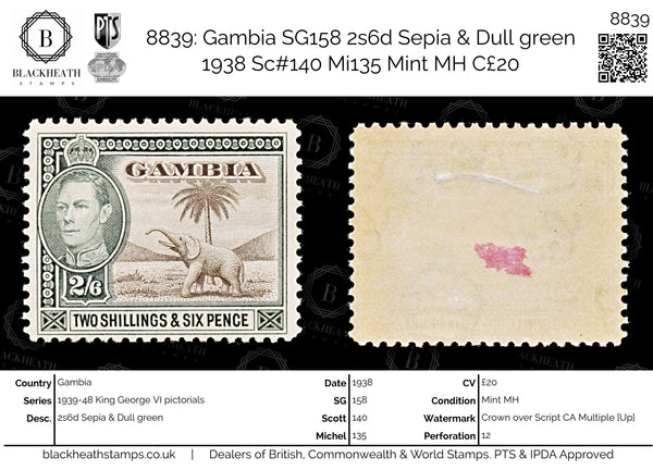 8839: Gambia SG158 2s6d Sepia & Dull green 1938 Sc#140 Mi135 Mint MH C£20