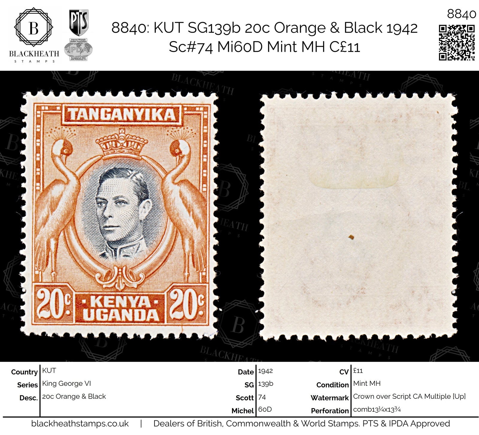8840: KUT SG139b 20c Orange & Black 1942 Sc#74 Mi60D Mint MH C£11