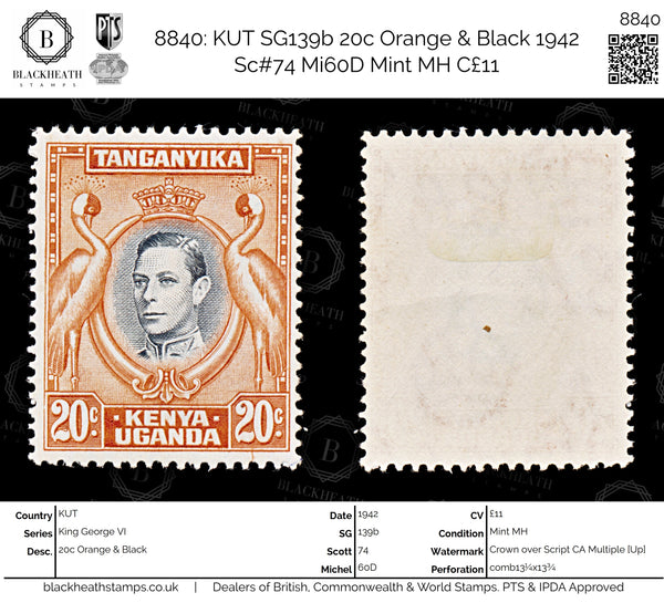 8840: KUT SG139b 20c Orange & Black 1942 Sc#74 Mi60D Mint MH C£11