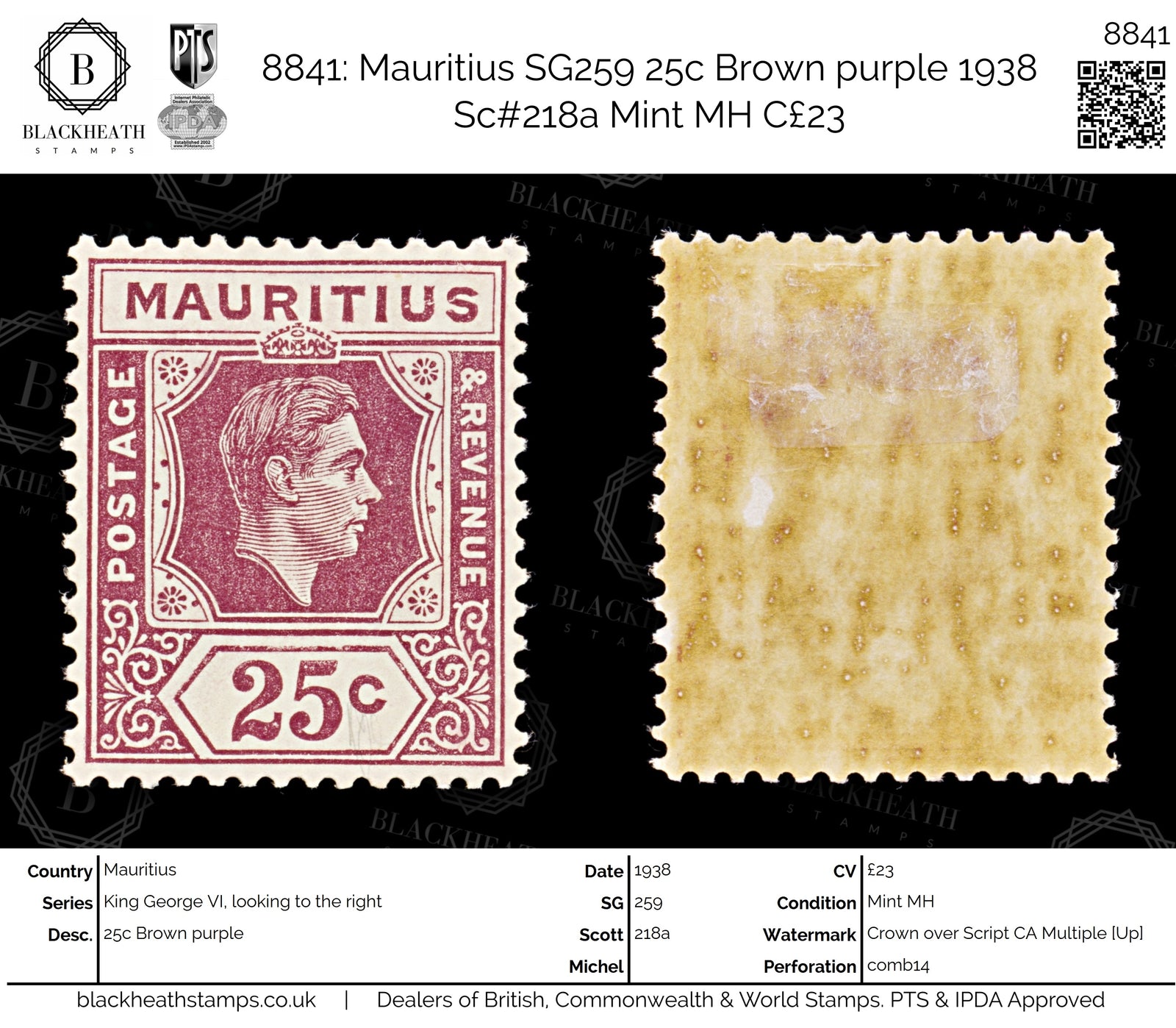 8841: Mauritius SG259 25c Brown purple 1938 Sc#218a Mint MH C£23