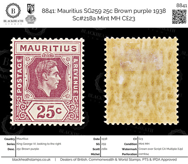 8841: Mauritius SG259 25c Brown purple 1938 Sc#218a Mint MH C£23