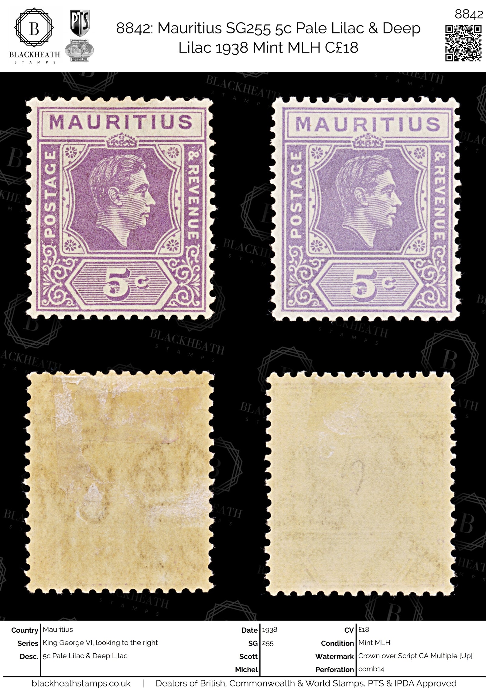 8842: Mauritius SG255 5c Pale Lilac & Deep Lilac 1938 Mint MLH C£18