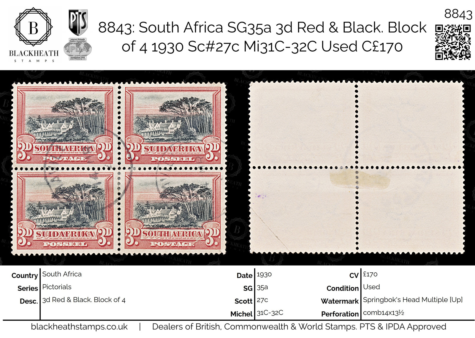 8843: South Africa SG35a 3d Red & Black. Block of 4 1930 Sc#27c Mi31C-32C Used C£170