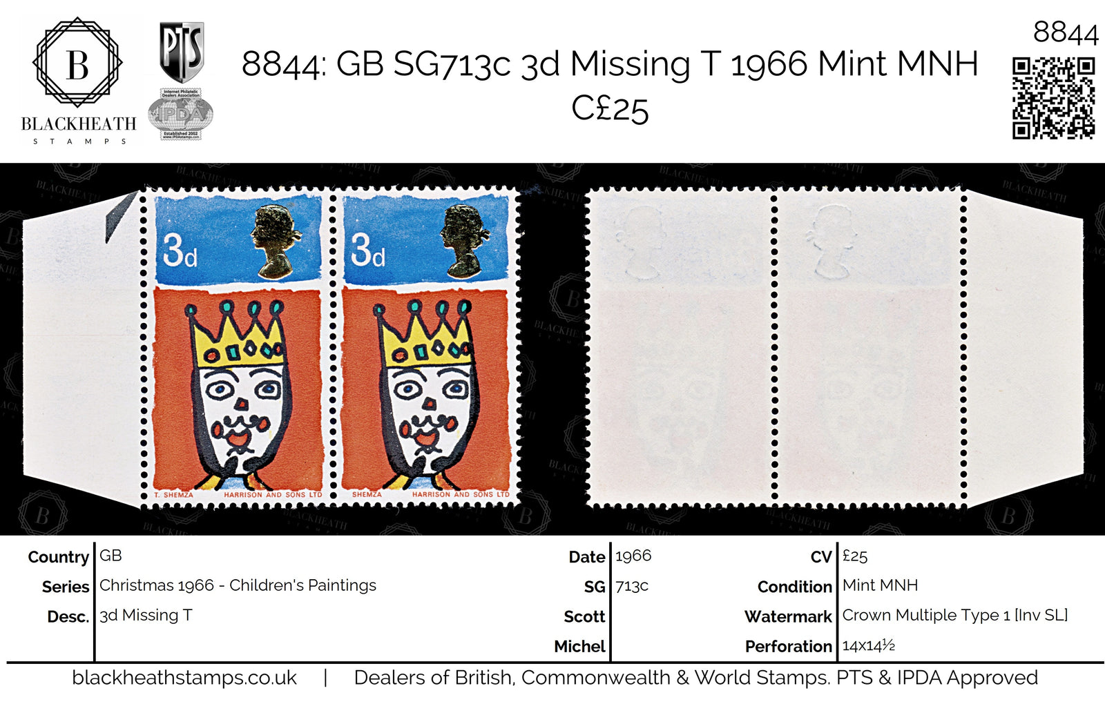8844: GB SG713c 3d Missing T 1966 Mint MNH C£25
