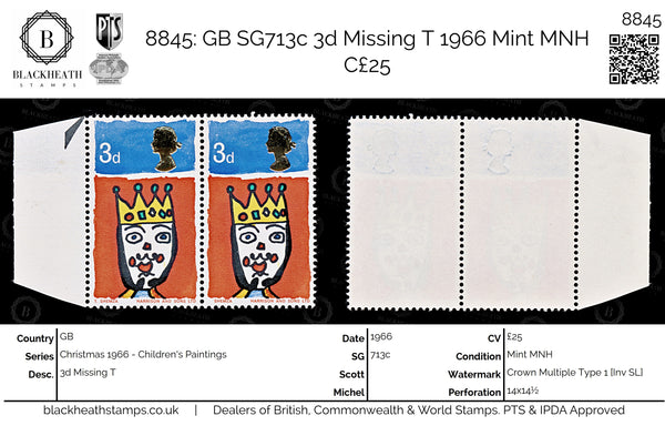 8845: GB SG713c 3d Missing T 1966 Mint MNH C£25