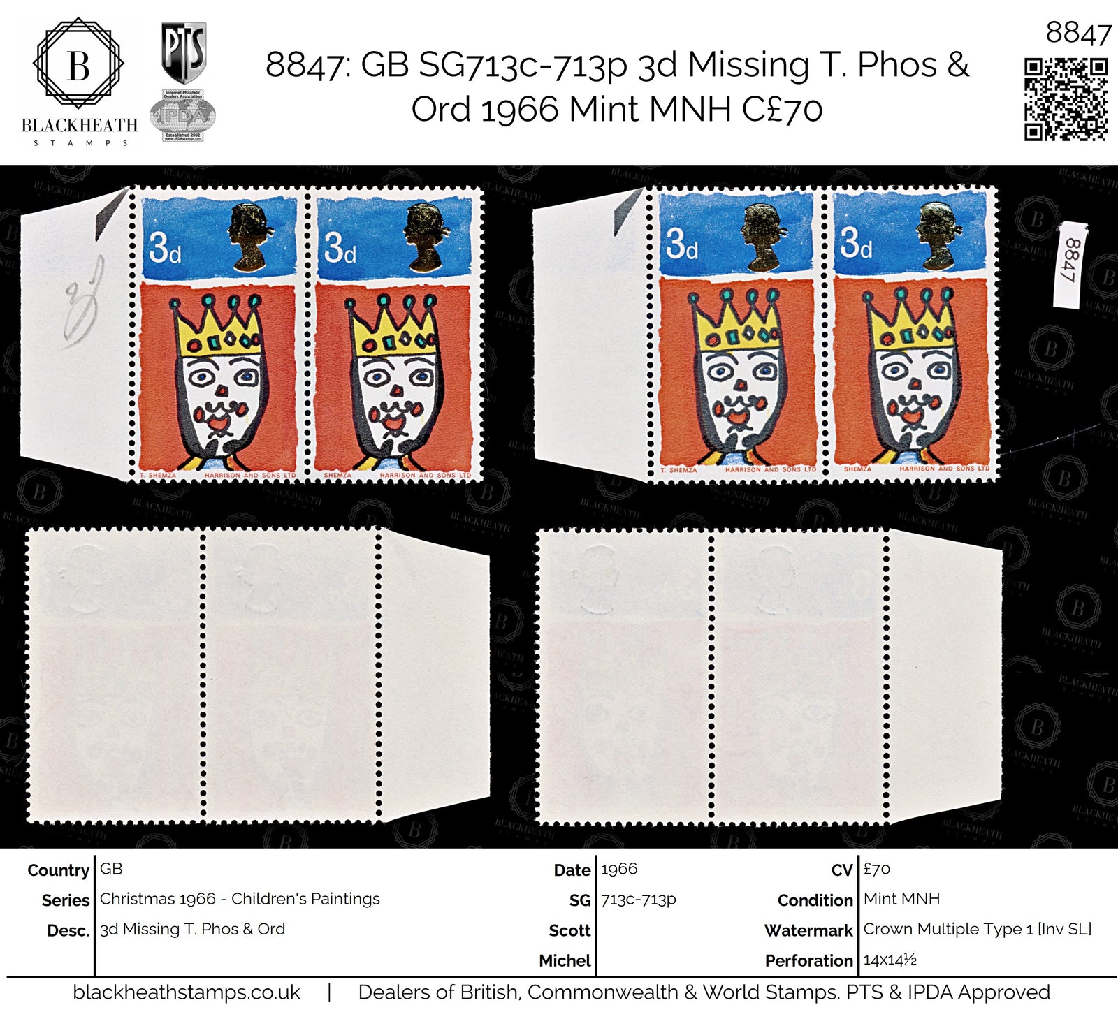8847: GB SG713c-713p 3d Missing T. Phos & Ord 1966 Mint MNH C£70