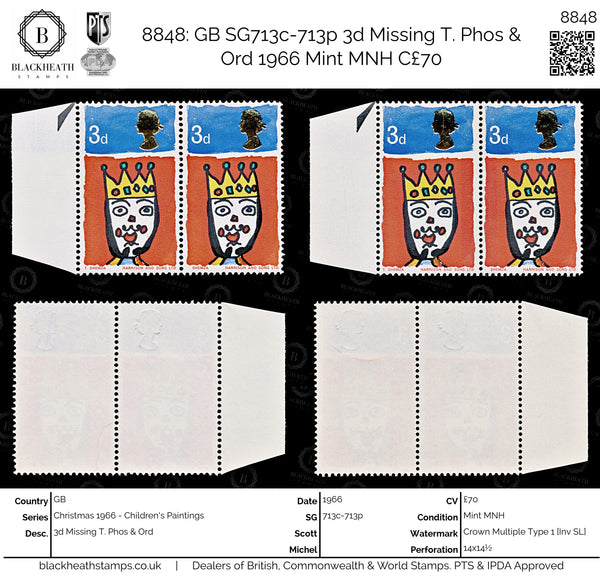 8848: GB SG713c-713p 3d Missing T. Phos & Ord 1966 Mint MNH C£70