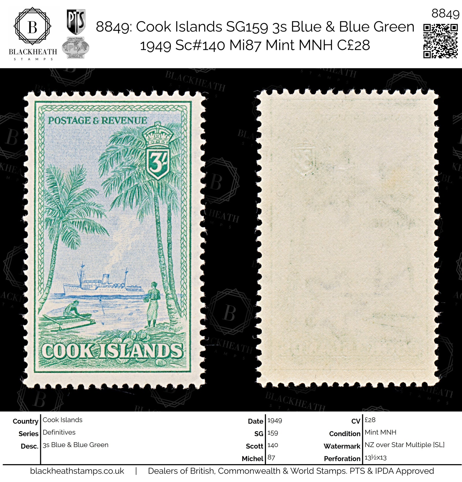 8849: Cook Islands SG159 3s Blue & Blue Green 1949 Sc#140 Mi87 Mint MNH C£28