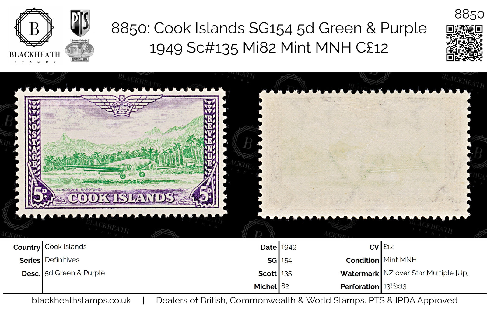 8850: Cook Islands SG154 5d Green & Purple 1949 Sc#135 Mi82 Mint MNH C£12
