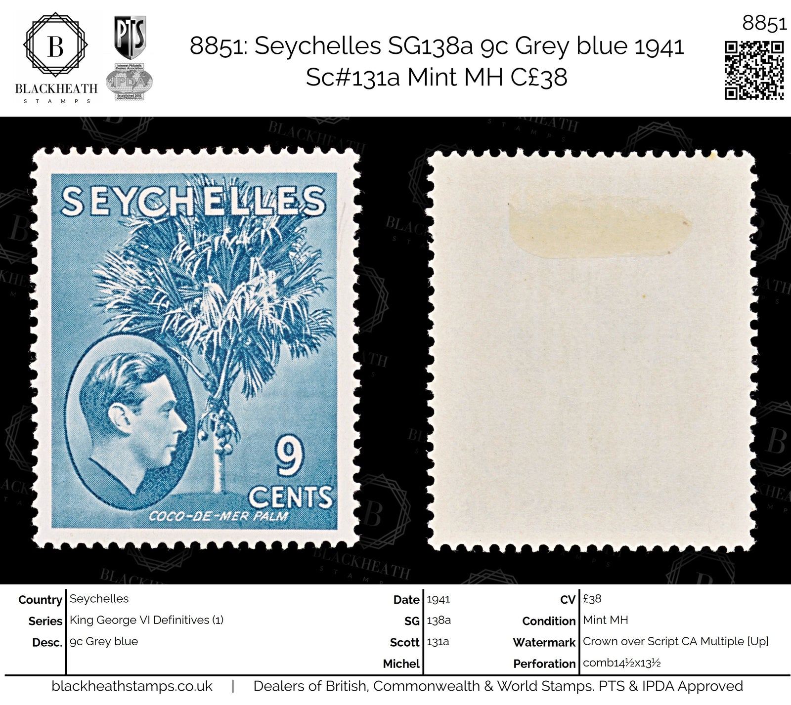 8851: Seychelles SG138a 9c Grey blue 1941 Sc#131a Mint MH C£38