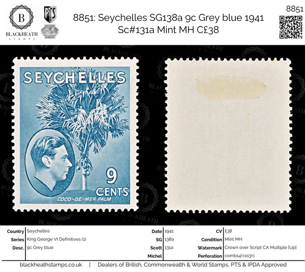 8851: Seychelles SG138a 9c Grey blue 1941 Sc#131a Mint MH C£38