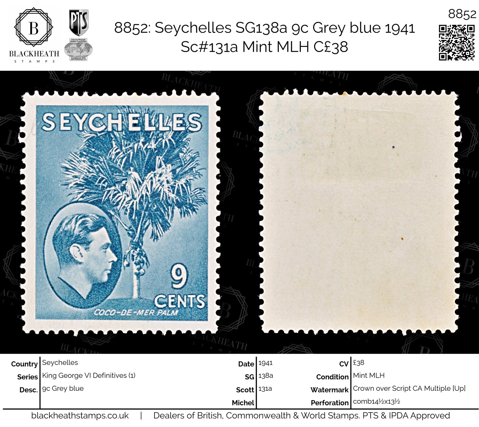 8852: Seychelles SG138a 9c Grey blue 1941 Sc#131a Mint MLH C£38