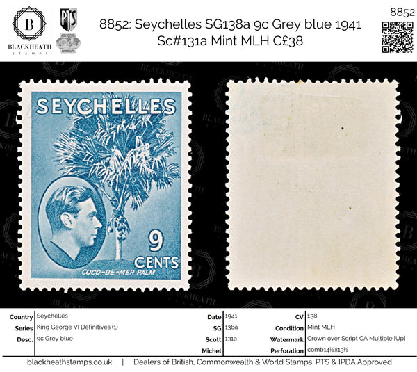 8852: Seychelles SG138a 9c Grey blue 1941 Sc#131a Mint MLH C£38