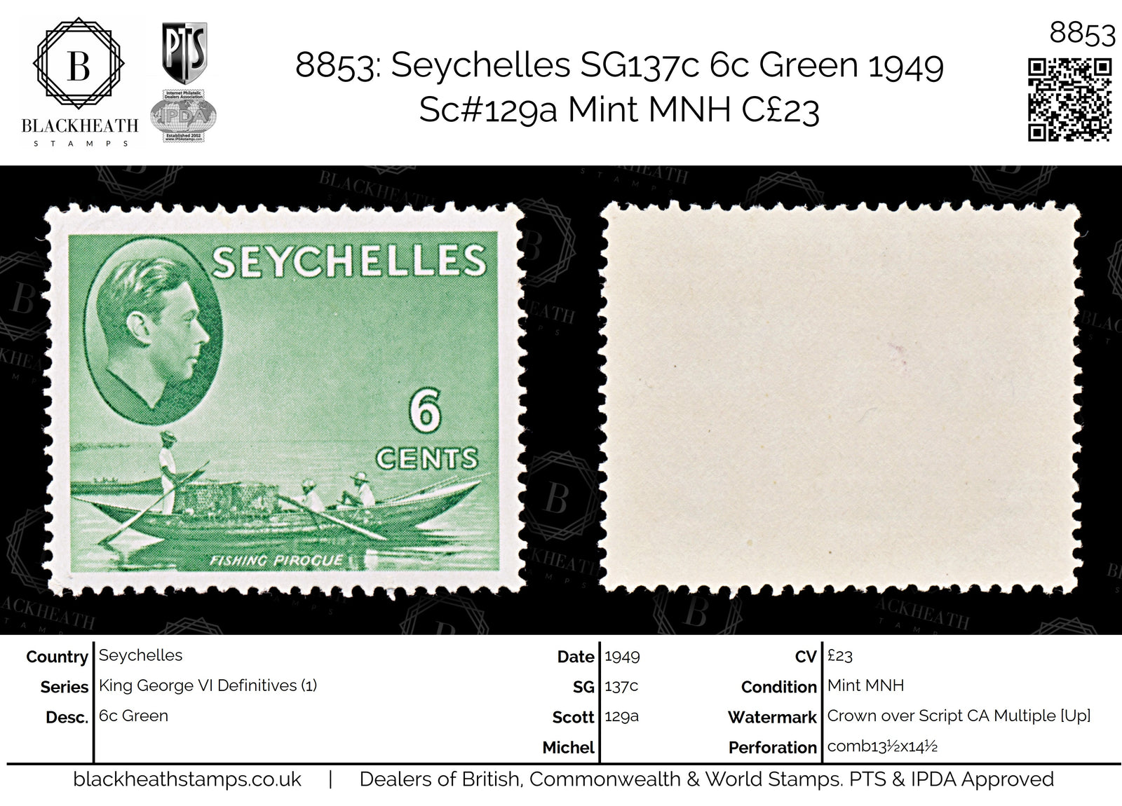 8853: Seychelles SG137c 6c Green 1949 Sc#129a Mint MNH C£23