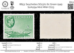 8853: Seychelles SG137c 6c Green 1949 Sc#129a Mint MNH C£23, view 1