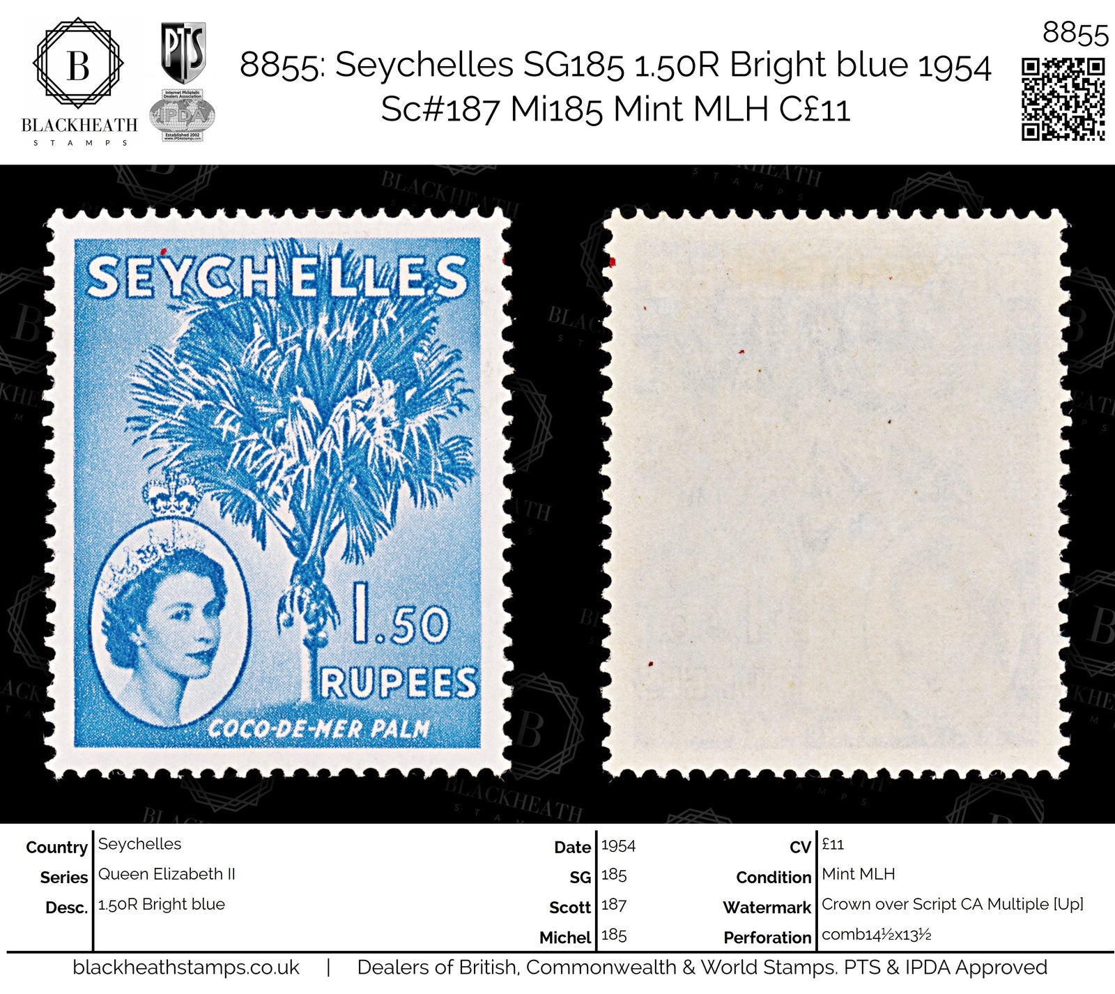 8855: Seychelles SG185 1.50R Bright blue 1954 Sc#187 Mi185 Mint MLH C£11