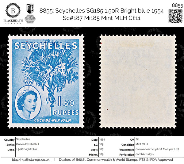 8855: Seychelles SG185 1.50R Bright blue 1954 Sc#187 Mi185 Mint MLH C£11