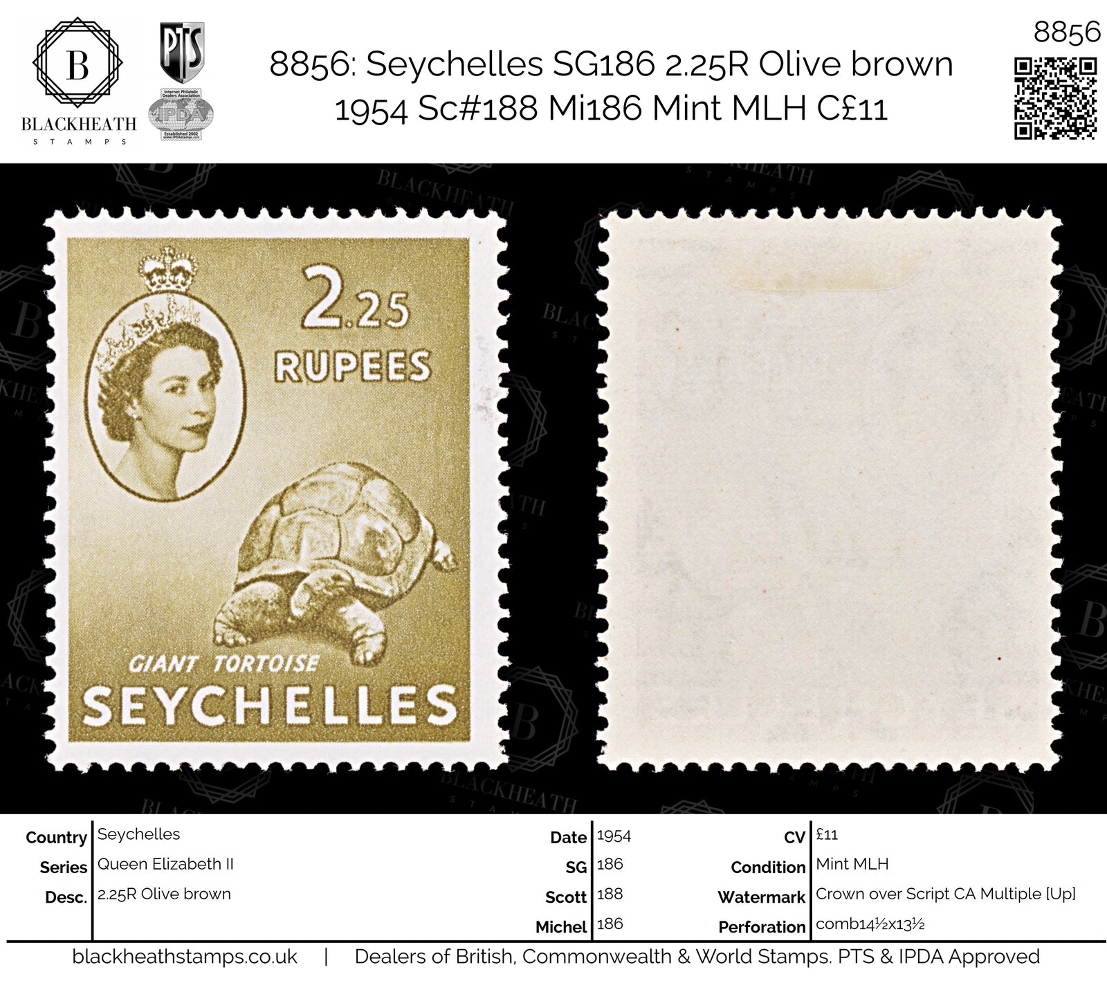 8856: Seychelles SG186 2.25R Olive brown 1954 Sc#188 Mi186 Mint MLH C£11