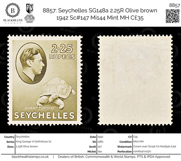 8857: Seychelles SG148a 2.25R Olive brown 1942 Sc#147 Mi144 Mint MH C£35