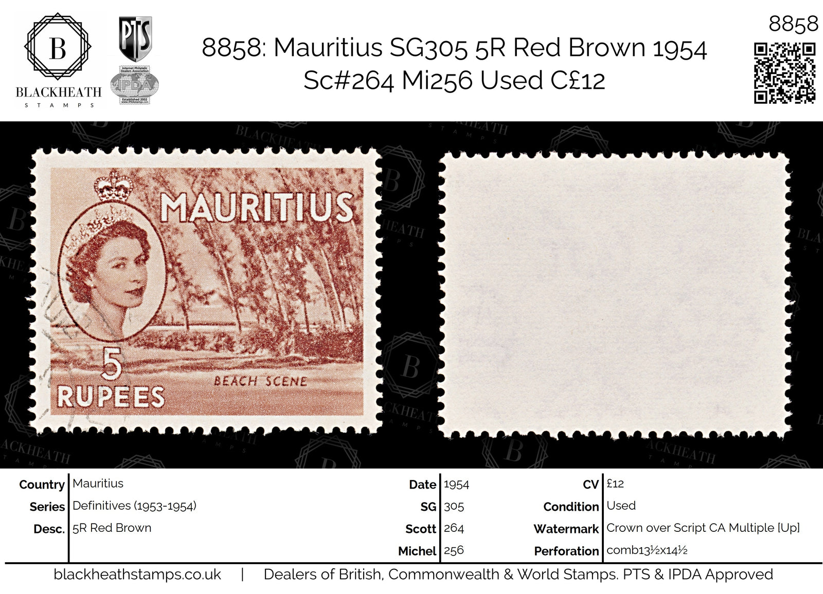 8858: Mauritius SG305 5R Red Brown 1954 Sc#264 Mi256 Used C£12