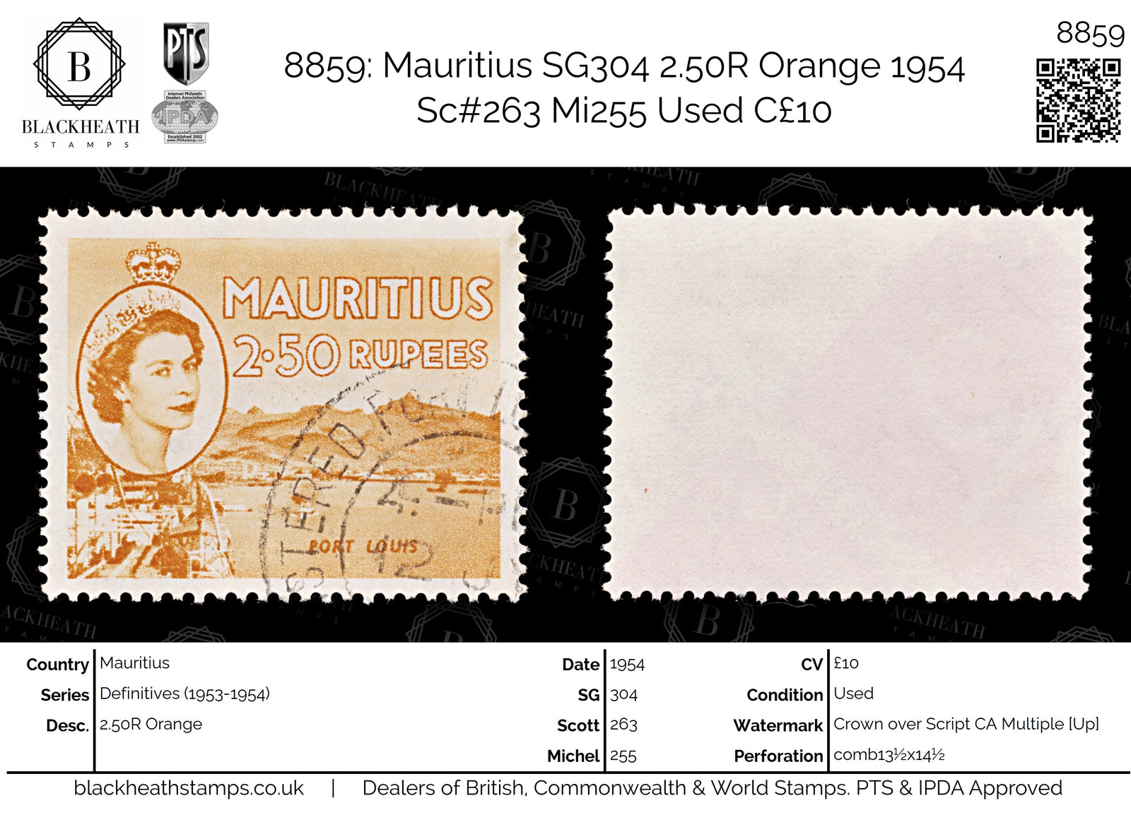 8859: Mauritius SG304 2.50R Orange 1954 Sc#263 Mi255 Used C£10
