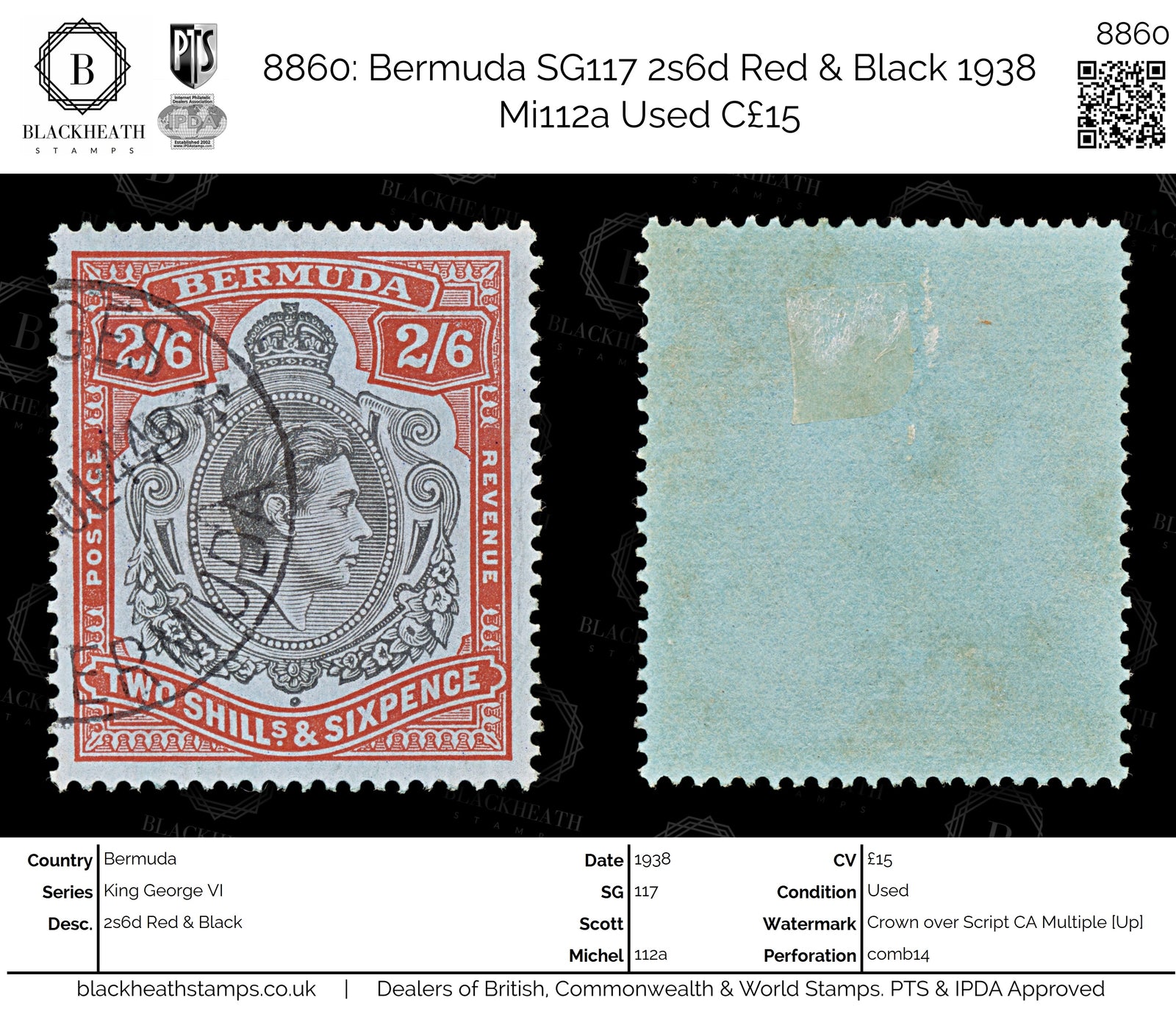 8860: Bermuda SG117 2s6d Red & Black 1938 Mi112a Used C£15