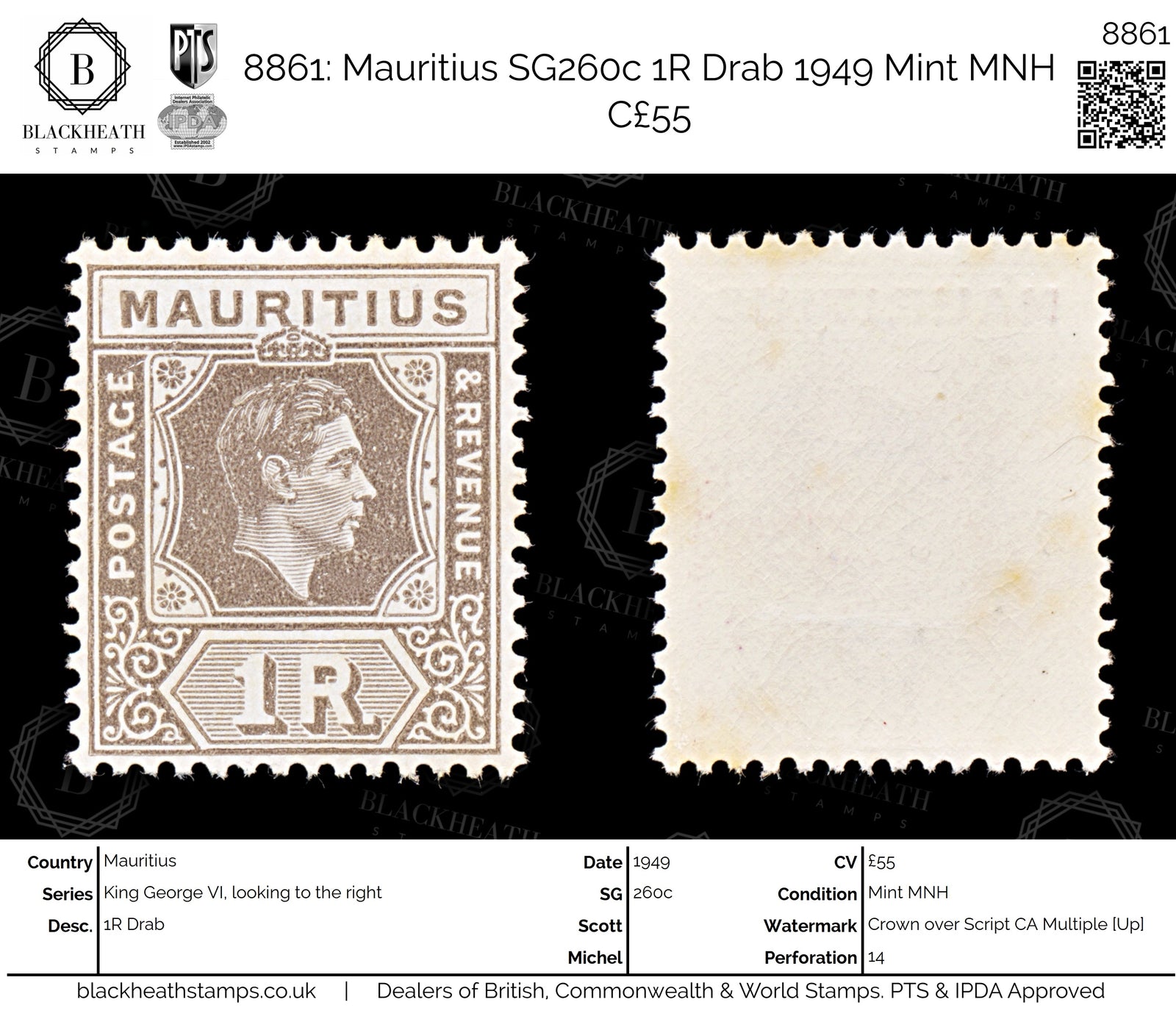 8861: Mauritius SG260c 1R Drab 1949 Mint MNH C£55