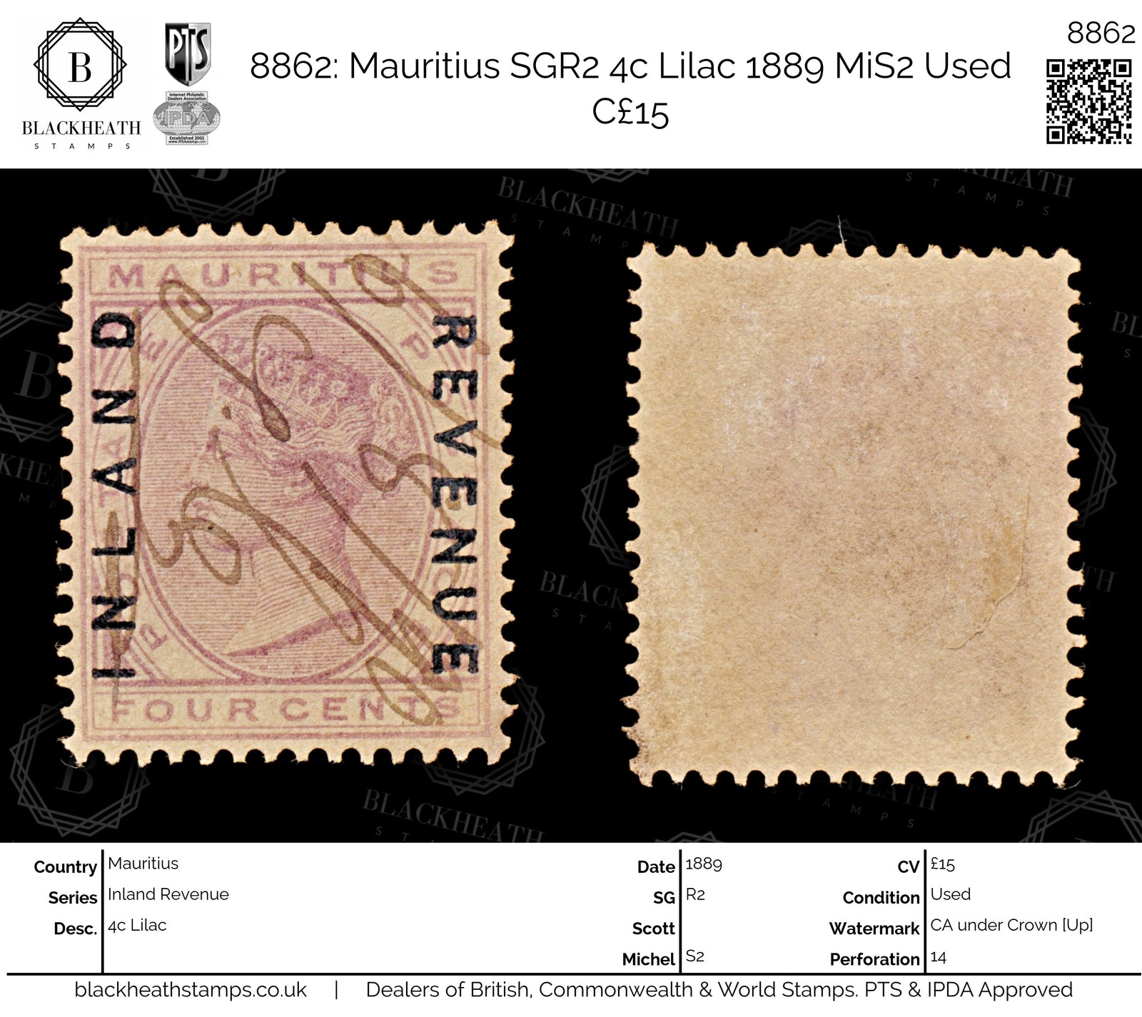 8862: Mauritius SGR2 4c Lilac 1889 MiS2 Used C£15