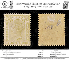 8863: Mauritius SG110 25c Olive yellow 1883 Sc#74 Mi63 Mint MNG C£16, view 1