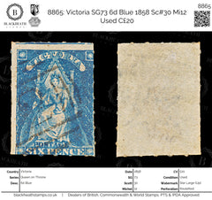 8865: Victoria SG73 6d Blue 1858 Sc#30 Mi12 Used C£20, view 1